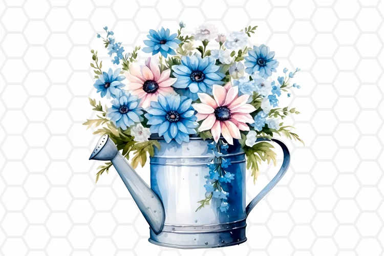 Watercolor Floral Watering Can Clipart, Sublimation PNG