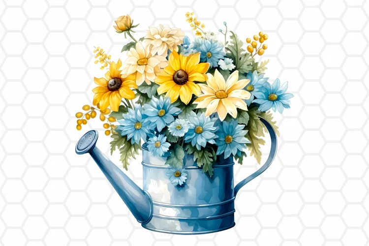 Watercolor Floral Watering Can Clipart, Sublimation PNG