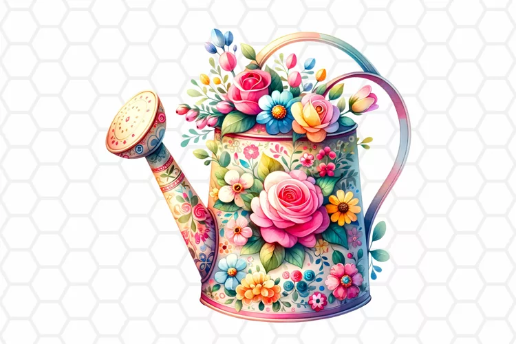 Watercolor Floral Watering Can Clipart, Sublimation PNG