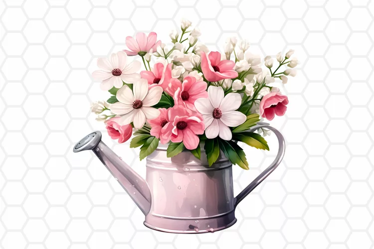 Watercolor Floral Watering Can Clipart, Sublimation PNG