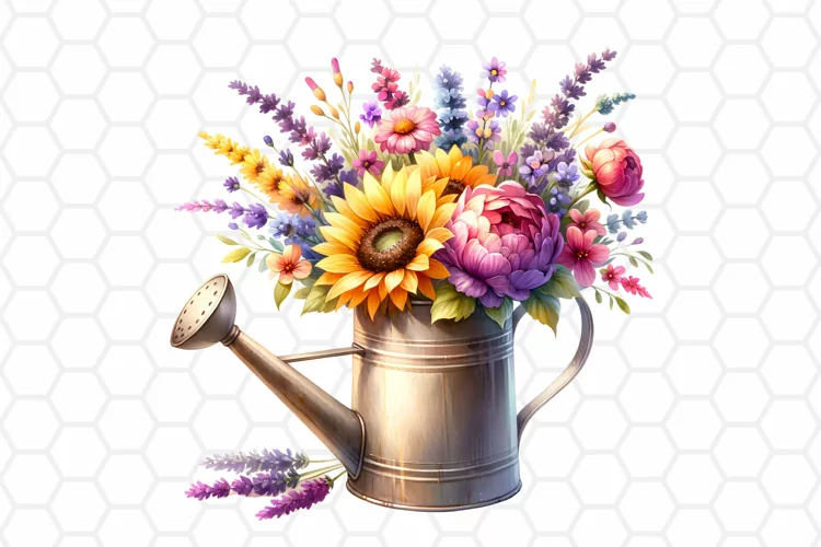 Watercolor Floral Watering Can Clipart, Sublimation PNG