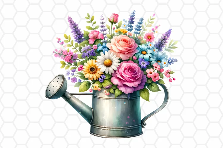 Watercolor Floral Watering Can Clipart, Sublimation PNG