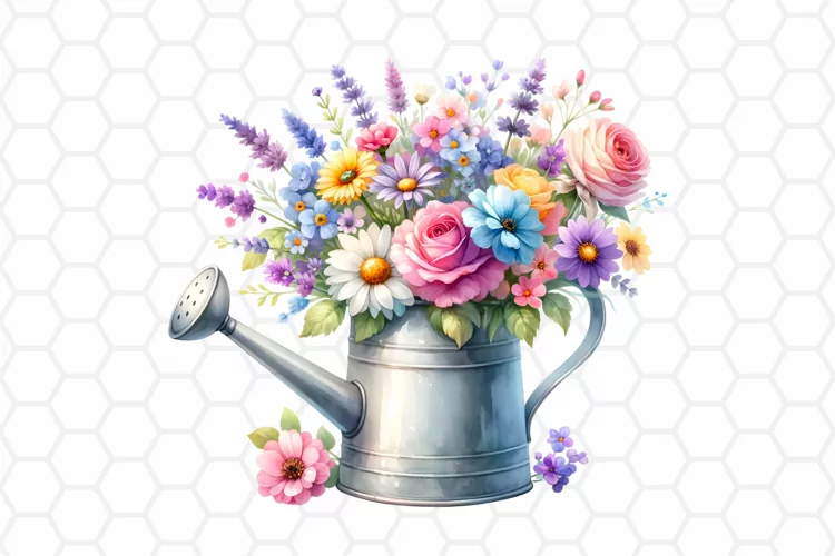 Watercolor Floral Watering Can Clipart, Sublimation PNG