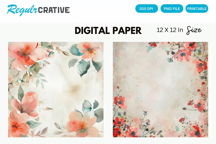 Watercolor Floral Wedding Digital Paper, Floral Wedding PNG