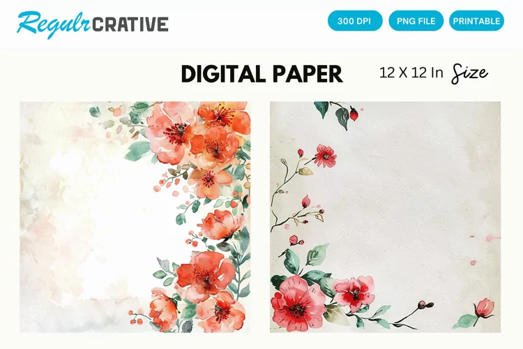 Watercolor Floral Wedding Digital Paper, Floral Wedding PNG