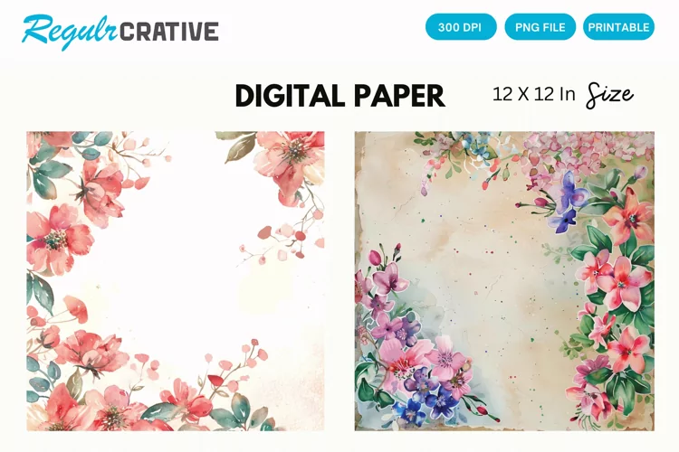 Watercolor Floral Wedding Digital Paper, Floral Wedding PNG