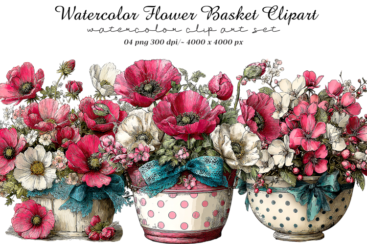 Watercolor Flower Basket Clipart