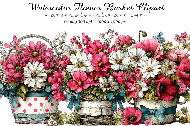 Watercolor Flower Basket Clipart