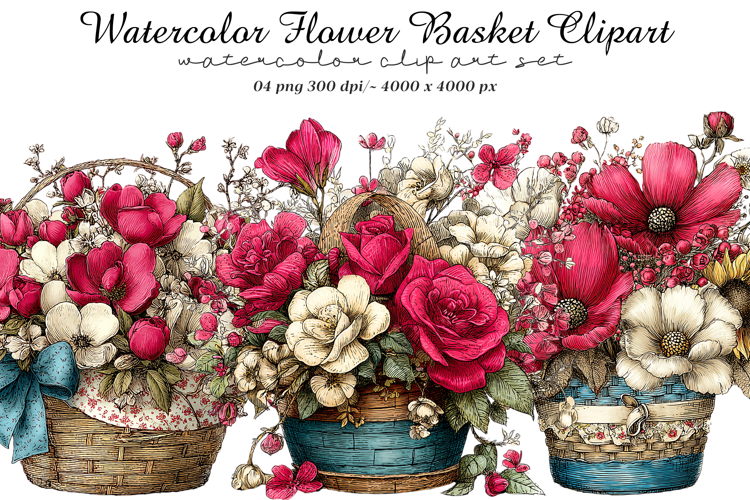 Watercolor Flower Basket Clipart