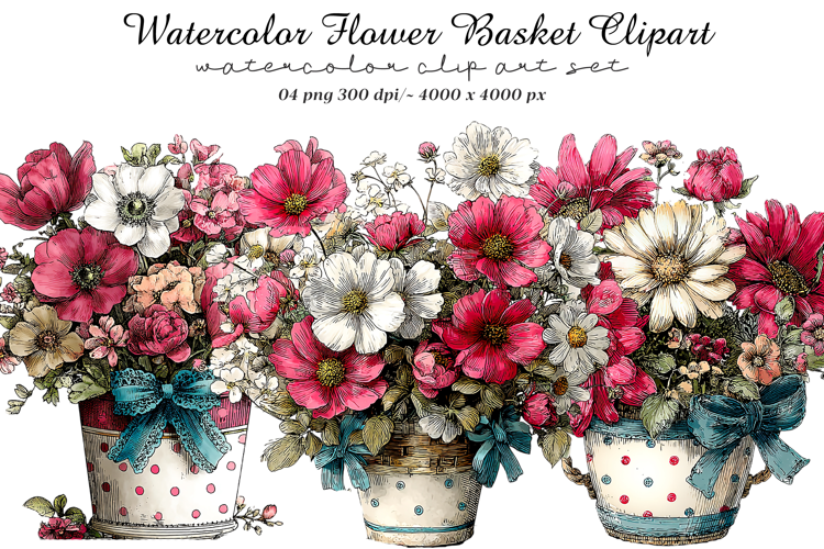 Watercolor Flower Basket Clipart