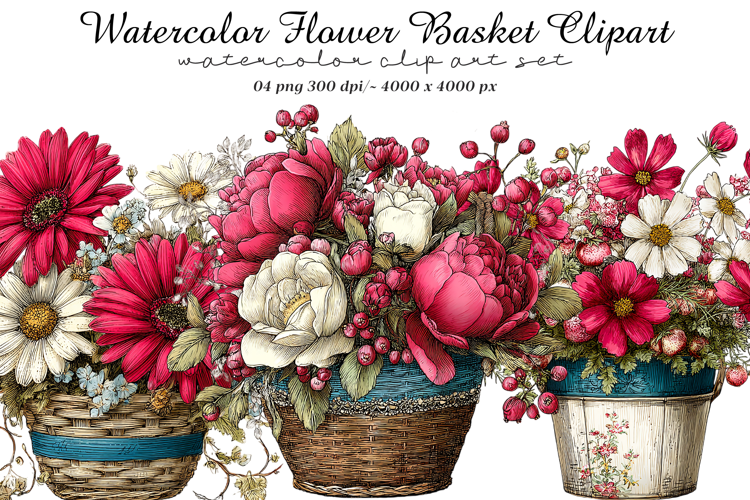 Watercolor Flower Basket Clipart