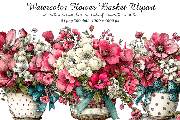 Watercolor Flower Basket Clipart