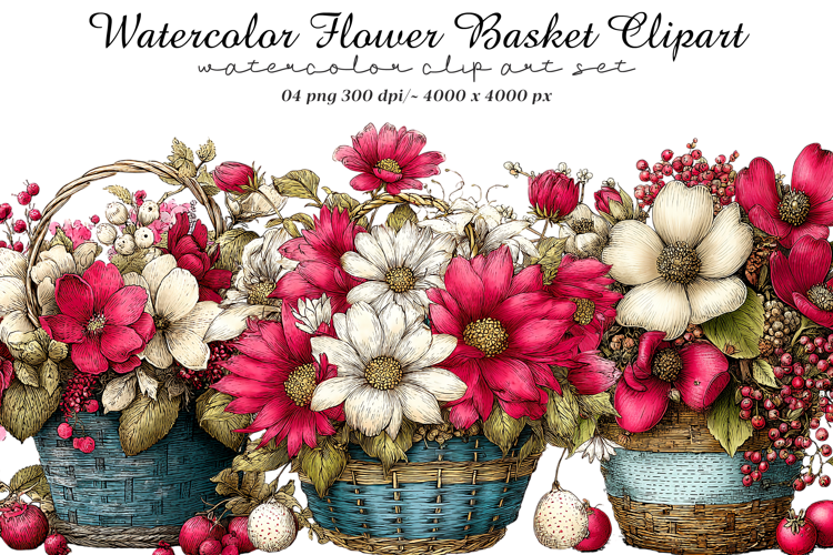 Watercolor Flower Basket Clipart