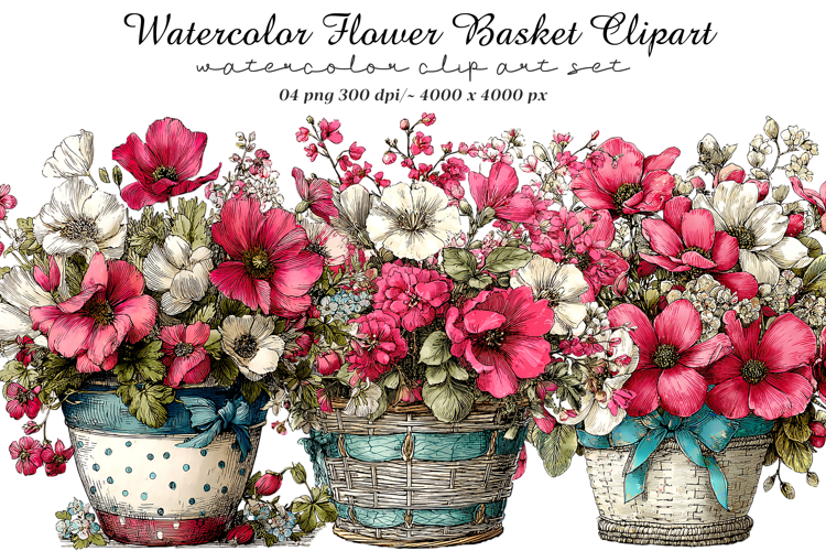 Watercolor Flower Basket Clipart
