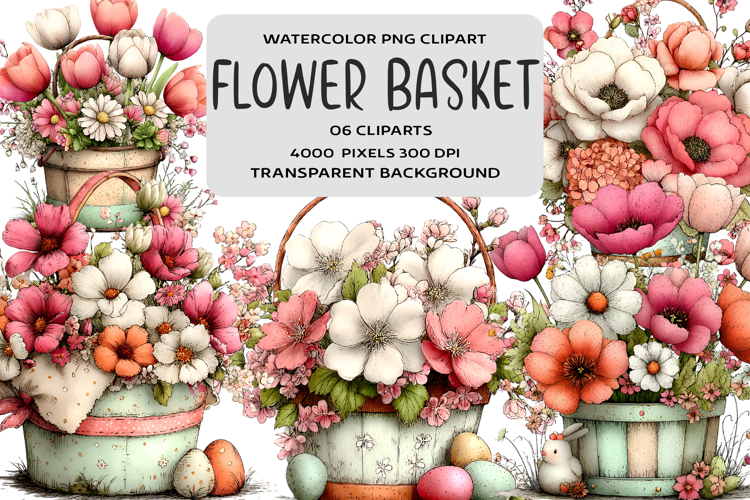Watercolor Flower Basket Clipart