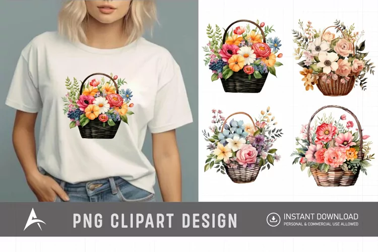 Watercolor Flower Basket Clipart