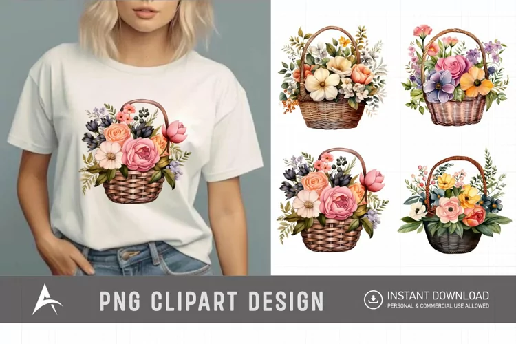 Watercolor Flower Basket Clipart