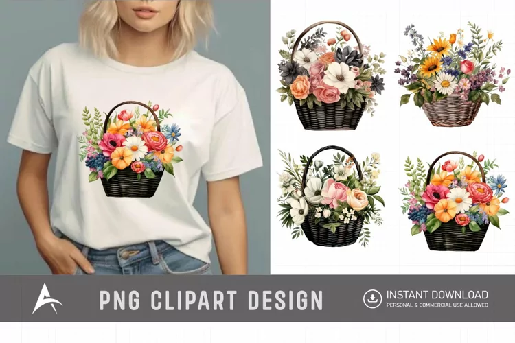 Watercolor Flower Basket Clipart