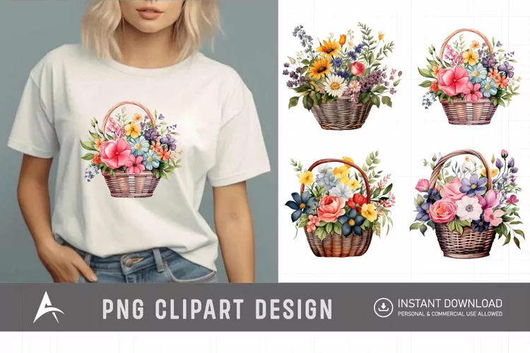 Watercolor Flower Basket Clipart