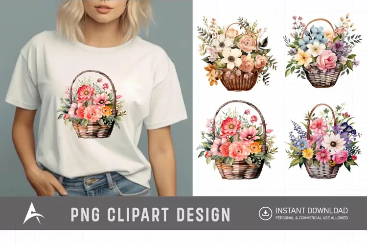 Watercolor Flower Basket Clipart