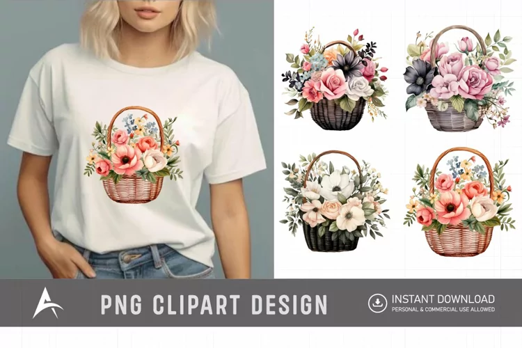 Watercolor Flower Basket Clipart