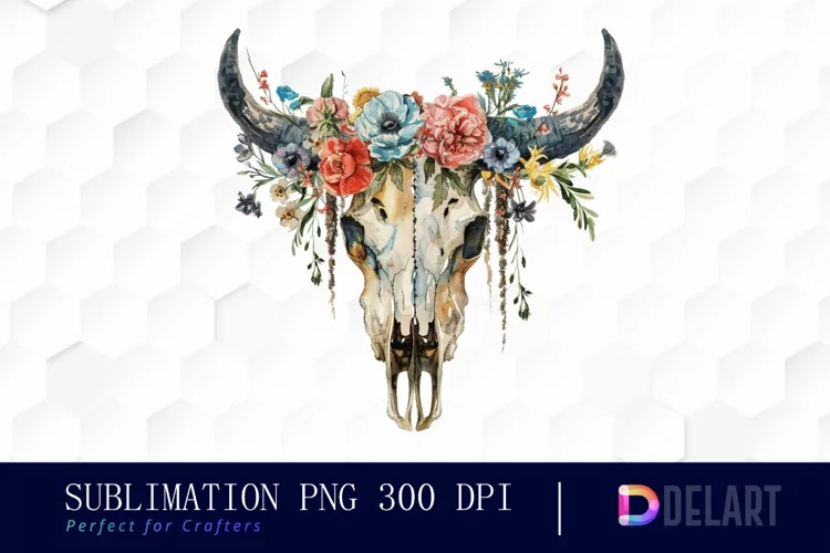 Flower Cow Skull Watercolor Clipart