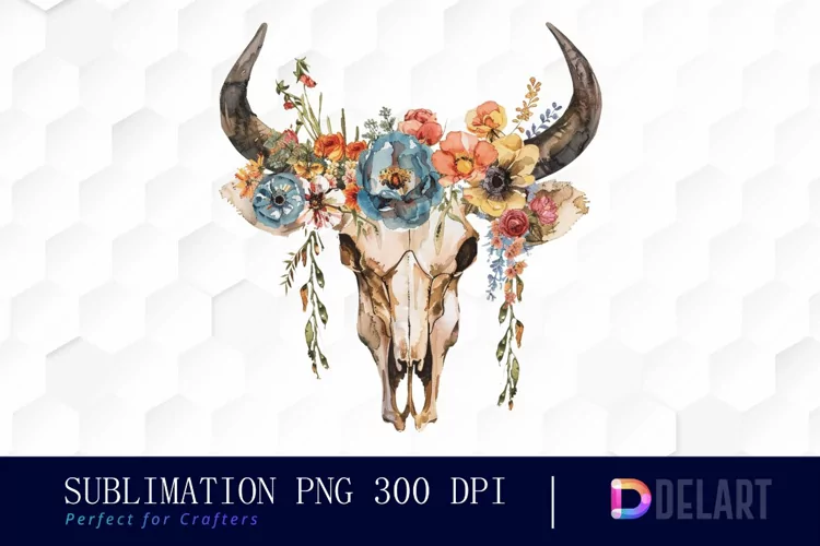 Flower Cow Skull Watercolor Clipart