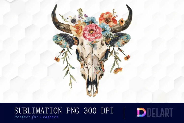 Flower Cow Skull Watercolor Clipart