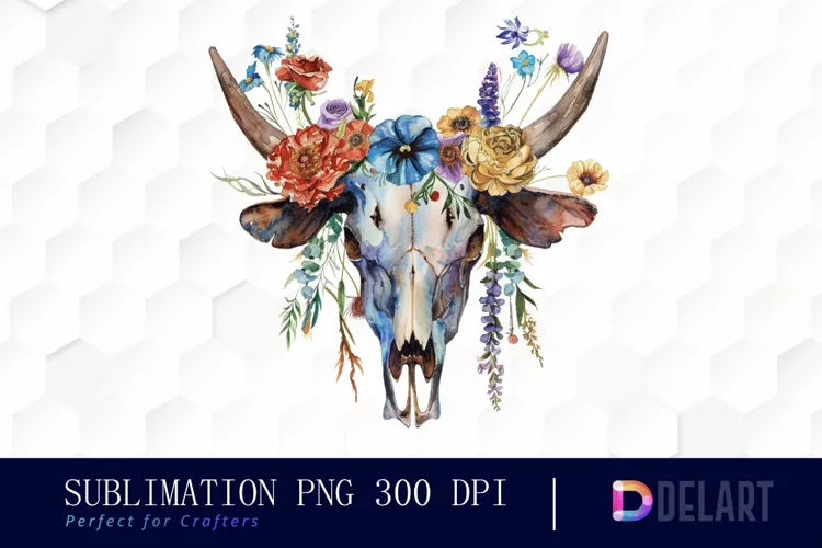 Flower Cow Skull Watercolor Clipart