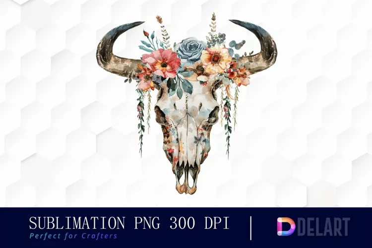 Flower Cow Skull Watercolor Clipart
