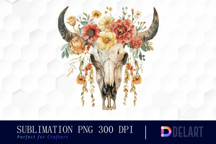 Flower Cow Skull Watercolor Clipart
