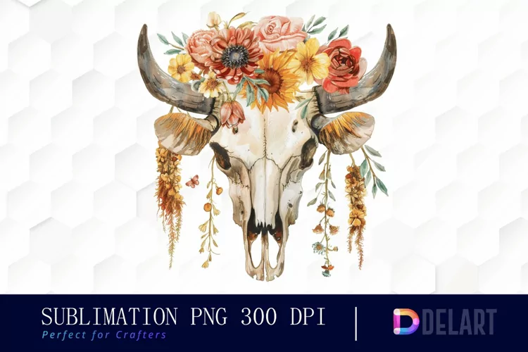 Flower Cow Skull Watercolor Clipart