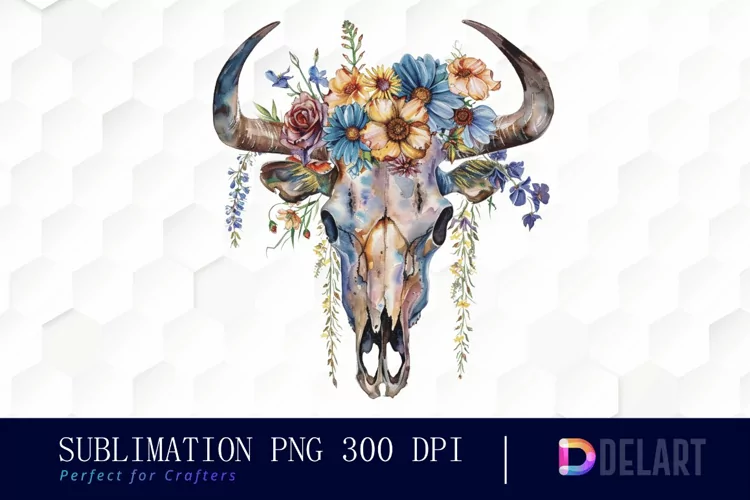 Flower Cow Skull Watercolor Clipart