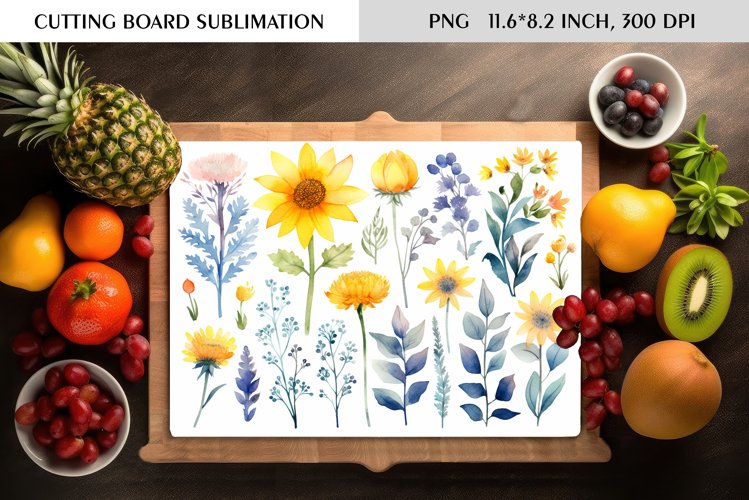 Summer Watercolor Flowers Design|Cutting Board Sublimation