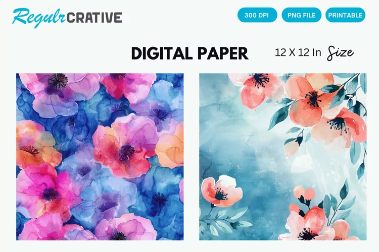 Watercolor Flower Digital Paper, Flower Background