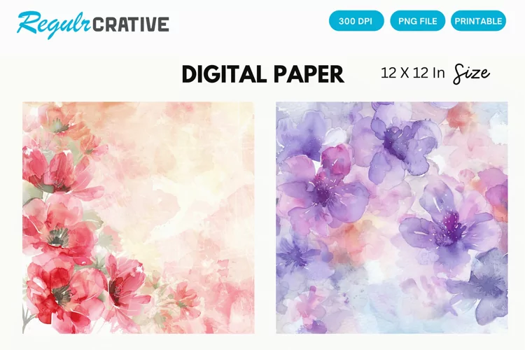 Watercolor Flower Digital Paper, Flower Background