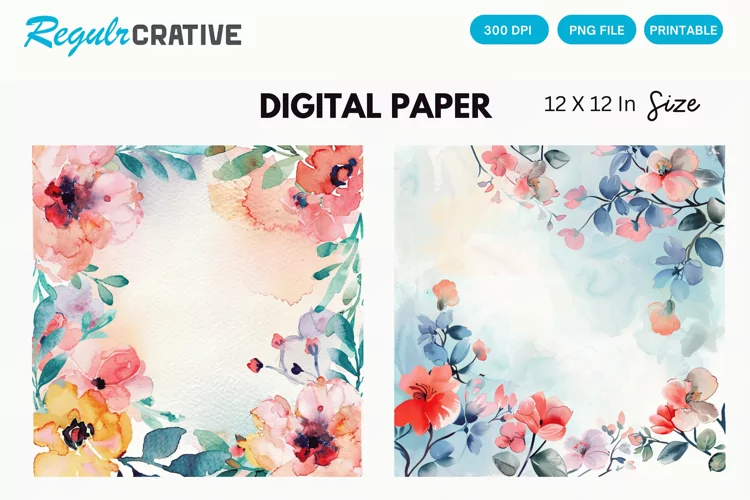 Watercolor Flower Digital Paper, Flower Background