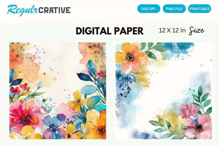 Watercolor Flower Digital Paper, Flower Background