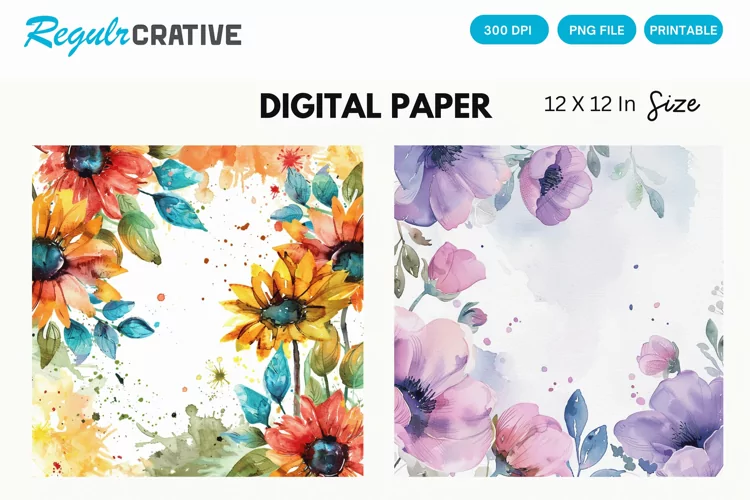 Watercolor Flower Digital Paper, Flower Background