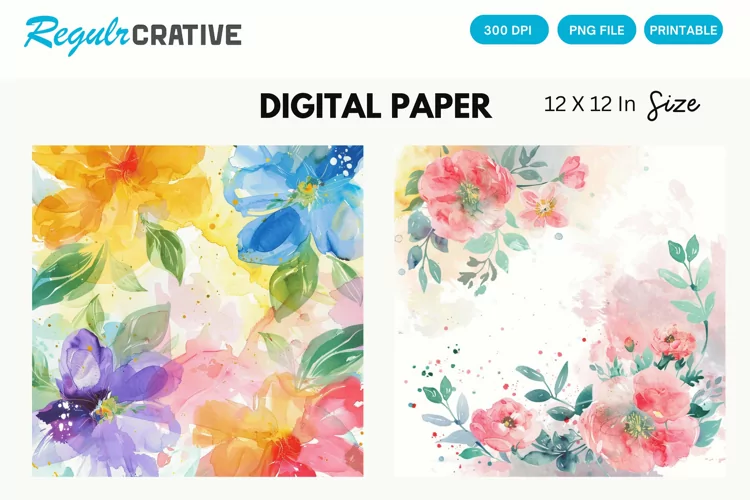 Watercolor Flower Digital Paper, Flower Background