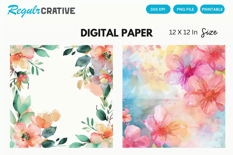 Watercolor Flower Digital Paper, Flower Background