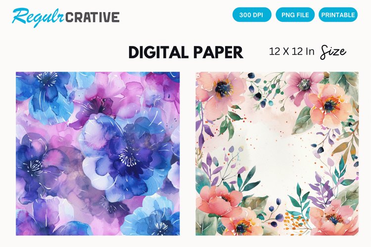 Watercolor Flower Digital Paper, Flower Background