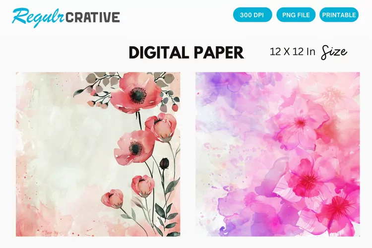 Watercolor Flower Digital Paper, Flower Background