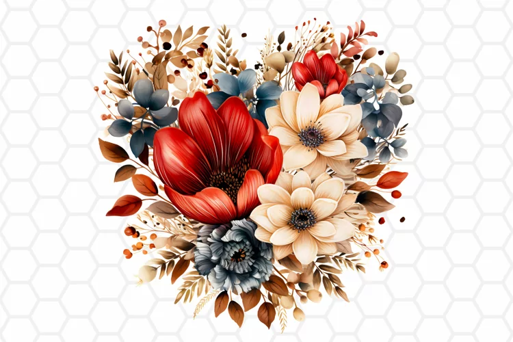 Watercolor Flower Heart Clipart, Sublimation PNG design