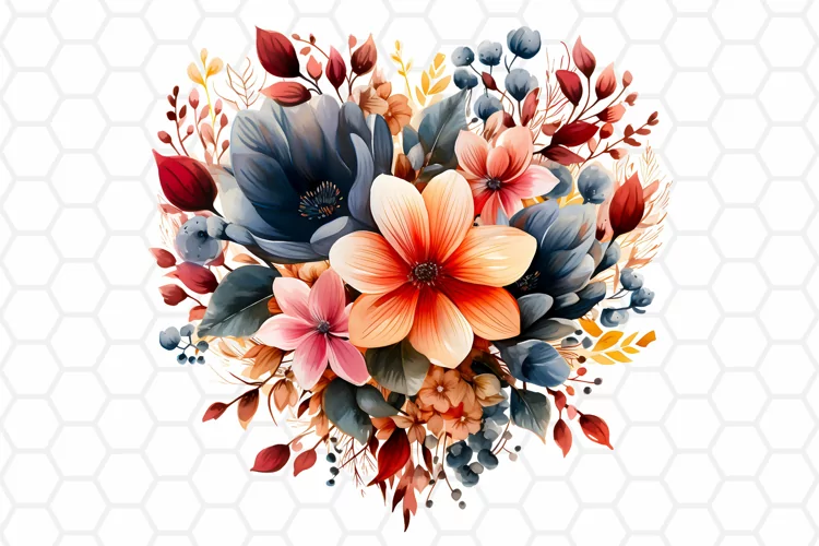 Watercolor Flower Heart Clipart, Sublimation PNG design
