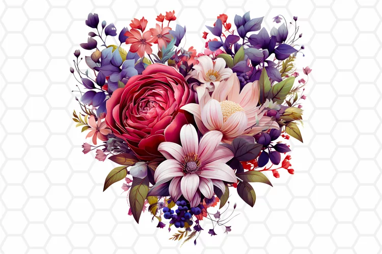 Watercolor Flower Heart Clipart, Sublimation PNG design