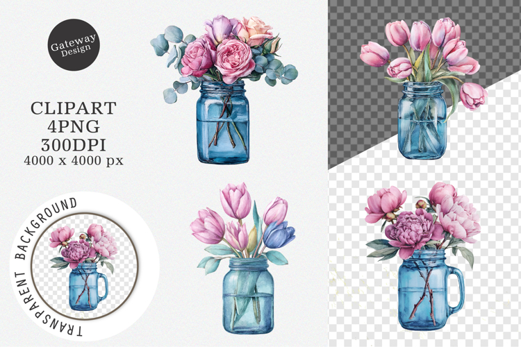 Watercolor Flower Mason Jar Clipart