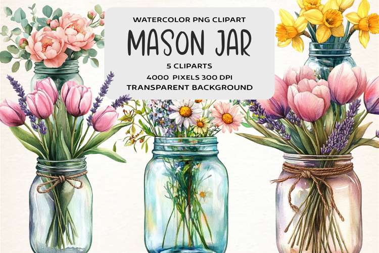 Watercolor Flower Mason Jar Clipart
