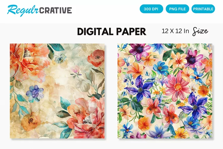 Watercolor Flower Medley Digital Paper , Flower Seamless PNG