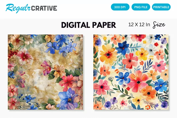Watercolor Flower Medley Digital Paper , Flower Seamless PNG